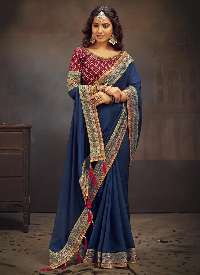 Vichitra Blooming Teal Blue Wedding Wear Embroidery Work Saree